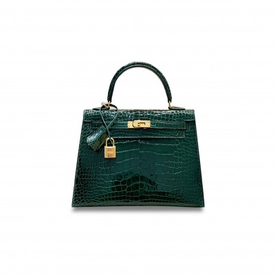 HERMÈS MASTER KELLY 25 CROCODILE LEATHER EMERALD GOLD BUCKLE (25*20*13cm) 